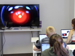 The iconic red eye of HAL 9000 from the movie 2001: A Space Odyssey, stares out at a group of students who attended a seminar on the future of AI technology hosted by Code Heroes on on Saturday September 23, 2017 in Cornwall, Ont