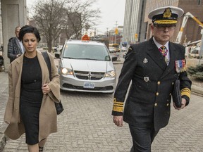 Vice Admiral Mark Norman, right, leaves the Ottawa courthouse with his lawyer, Marie Henein, Tuesday, April 10, 2018.