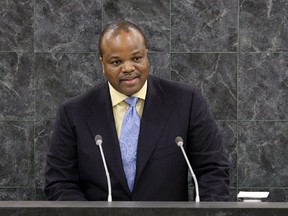This picture taken on September 25, 2013 shows Swaziland King Mswati III addressing the 68th session of the General Assembly at the United Nations headquarters.