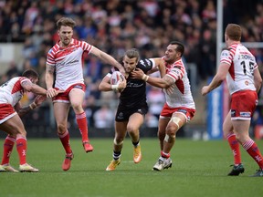 Toronto Wolfpack winger Liam Kay carries the ball against Leigh Centurions in Leigh, Greater Manchester, on Feb. 4.