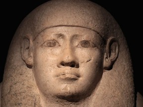 A limestone sarcophagus fragment from Egypt is displayed at the Field Museum on March 13, 2018 in Chicago, Illinois.