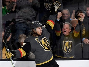 Vegas Golden Knights forward William Karlsson celebrates a goal against the Calgary Flames on March 18.