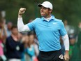 Rory McIlroy of Northern Ireland celebrates after making eagle on the eighth hole during the third round of the Masters Tournament on Saturday at Augusta National Golf Club in Augusta, Ga.