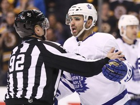 The Leafs' Nazem Kadri reacts after being called for boarding during the third period of Game 1 against Boston on April 12, 2018.