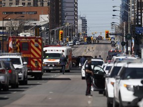 Police and first responders on scene at Yonge Street after a van plowed into pedestrians April 23, 2018 in Toronto.
