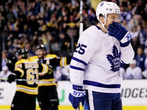 James van Riemsdyk of the Toronto Maple Leafs reacts after Jake DeBrusk of the Bruins scored during the third period of Game 7 of their Eastern Conference first round series Wednesday night at TD Garden in Boston. The Bruins won 7-4.