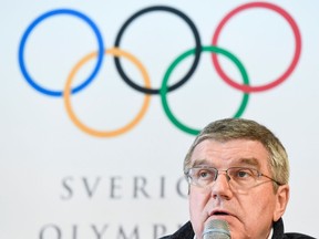 IOC president Thomas Bach holds a press conference in Are, Sweden, on March 16.