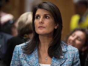U.S. Ambassador to the United Nations Nikki Haley attends the confirmation hearing for U.S. Secretary of State nominee Mike Pompeo on Capitol Hill in Washington, DC, on April 12, 2018.