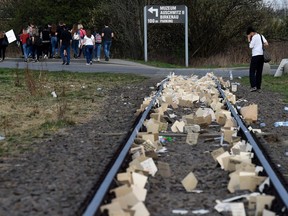 Messages are left by visitors on the railway during the "March of the Living", a yearly Holocaust remembrance march between the former death camps of Auschwitz and Birkenau, on April 12, 2018 in Oswiecim (Auschwitz), Poland.