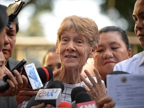 Australian catholic nun Sister Patricia Fox (C) speaks the press during her release from detention at the Immigration headquarters in Manila on April 17, 2018, a day after she was arrested.  Philippine authorities detained an elderly Australian Catholic nun overnight in what civil rights groups alleged on April 17 was a crackdown on foreign critics of President Rodrigo Duterte's human rights record. / AFP PHOTO / TED ALJIBETED ALJIBE/AFP/Getty Images