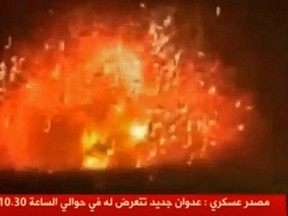 An image grab taken from the Syrian TV channel, Al-Ekhbariya Al-Souriya, on April 30, 2018 allegedly shows the scene of missile attacks targeting central Syria the previous night. The broadcaster gave no precise information about the location of the images.