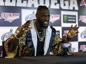 WBC Heavyweight Champion Deontay Wilder speaks at a press conference before the GEICO 500 NASCAR Talladega auto race at Talladega Superspeedway, Sunday, April 29, 2018, in Talladega, Ala.