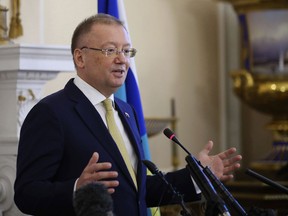 Russian ambassador to the UK Alexander Vladimirovich Yakovenko speaks about the Salisbury incident, during a news conference at the Russian Embassy in London, Thursday April 5, 2018. Britain has blamed Russia for the March 4 poisoning of Sergei Skripal and his daughter. In response, more than two dozen Western allies including Britain, the U.S. and NATO have ordered out over 150 Russian diplomats in a show of solidarity.