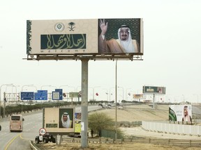 Billboards with photos of Saudi King Salman and Arabic that reads, "welcome" line the road to the convention center where Arab leaders are meeting for an Arab  summit meeting in Dhahran, Saudi Arabia, Sunday, April 15, 2018. The summit opened in the eastern Saudi city of Dhahran as tensions with Iran and wars in Syria and Yemen threaten stability across the region. Salman told leaders from across the 22-member Arab League that Iran was to blame for instability and meddling in the region.