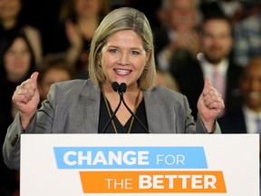 Ontario NDP Leader Andrea Horwath unveils her party’s platform for the upcoming provincial election
on April 16, 2018, in Toronto.