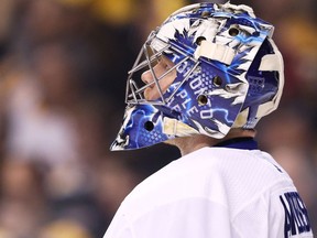 Toronto Maple Leafs goalie Frederik Andersen looks on against the Boston Bruins on April 14.