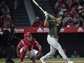 Oakland Athletics' Matt Olson watches his solo home run during the seventh inning of a baseball game against the Los Angeles Angels on Friday, April 6, 2018, in Anaheim, Calif.