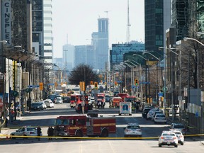 Emergency services close Yonge Street in Toronto after a van mounted a sidewalk crashing into a crowd of pedestrians on Monday, April 23, 2018.