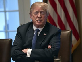 U.S. President Donald Trump speaks in the Cabinet Room of the White House in Washington, Monday, April 9, 2018, at the start of a meeting with military leaders.