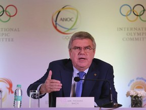 International Olympic Committee (IOC) President Thomas Bach addresses a press conference in New Delhi, India, Thursday, April 19, 2018. During his two-day long stay, Bach is scheduled to meet Indian Sports Minister Rajyavardhan Rathore and newly elected Indian Olympic Association office bearers.