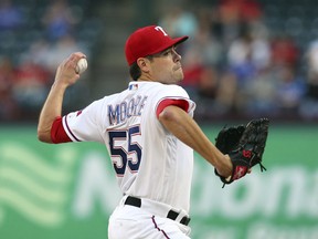 Texas Rangers starting pitcher Matt Moore works the first inning of a baseball game against the Oakland Athletics, Monday, April 23, 2018, in Arlington, Texas.