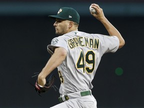 Oakland Athletics starting pitcher Kendall Graven delivers to a Texas Rangers batter during the fourth inning of a baseball game Wednesday, April 25, 2018, in Arlington, Texas.