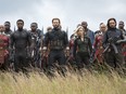 Okoye (Danai Gurira), Black Panther/T'Challa (Chadwick Boseman), Captain America/Steve Rogers (Chris Evans), Black Widow/Natasha Romanoff (Scarlet Johansson) and Winter Soldier/Bucky Barnes (Sebastian Stan).