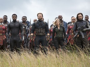 Okoye (Danai Gurira), Black Panther/T'Challa (Chadwick Boseman), Captain America/Steve Rogers (Chris Evans), Black Widow/Natasha Romanoff (Scarlet Johansson) and Winter Soldier/Bucky Barnes (Sebastian Stan).