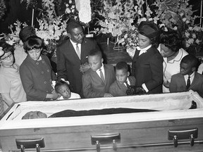 FILE - In this Sunday, April 8, 1968 file photo, Coretta Scott King, third right, is accompanied by her children, Yolanda, Bernice, Martin III, and Dexter at Sisters Chapel on the campus of Spellman College in Atlanta. Martin Luther King Jr.'s family joined thousands of mourners who filed by the casket of the civil rights leader.