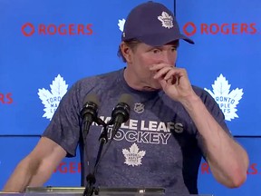 Leafs coach Mike Babcock was emotional as he spoke to reporters Saturday about the Humboldt crash.