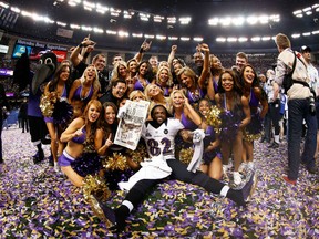 Torrey Smith #82 of the Baltimore Ravens celebrates with the Ravens cheerleaders following their win against the San Francisco 49ers during Super Bowl XLVII at the Mercedes-Benz Superdome on Feb. 3, 2013 in New Orleans, Louisiana.