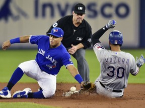 Texas Rangers' Nomar Mazara slides safely in to second base ahead of the tag from Blue Jays third baseman Yangervis Solarte after a wild pitch by Toronto starting pitcher Jaime Garcia during third inning American League action at Rogers Centre in Toronto on Saturday night.