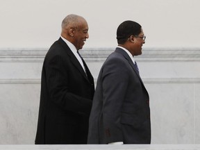 In this Monday, April 9, 2018 photo, actor and comedian Bill Cosby arrives for the first day of his sexual assault retrial at the Montgomery County Courthouse in Norristown, Pa.