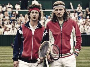 Shia LaBeouf as John McEnroe, left, and  Sverrir Gudnason as Bjorn Borg.