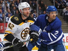 Toronto Maple Leafs defenceman Ron Hainsey (right) battles Boston Bruins forward David Backes on April 16.