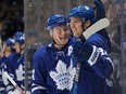 Toronto Maple Leafs centre Auston Matthews (right) celebrates a goal against the Buffalo Sabres on April 2.