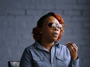 File - In this April 27, 2016, file photo Lezley McSpadden, mother of Michael Brown, speaks during an interview in St. Louis. Brown was an unarmed, black 18-year-old when he was fatally shot by a white police officer in Ferguson, Mo. The officer was not charged. Brown's death touched off widespread protests and a national discussion about race relations and police. McSpadden is to be at Harvard University, Monday, April 23, 2018 for a panel titled "The Movement for Black Lives: Justice for Michael Brown 4 Years Later."