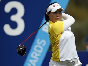 Moriya Jutanugarn hits from the third tee during the final round of the LPGA Tour ANA Inspiration golf tournament at Mission Hills Country Club in Rancho Mirage, Calif., Sunday, April 1, 2018.