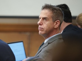 FILE - In this Feb. 28, 2018 file photo Adam Shacknai sits in court during the civil trial, in San Diego for the wrongful death of Rebecca Zahau. A civil jury has determined Shacknai, is legally responsible for the death of Zahau, found hanged at a San Diego-area mansion. Jurors in the wrongful death trial decided Wednesday, April 4, 2018, that Shacknai must pay Rebecca Zahau's family $5 million for the loss of Zahau's love and companionship.