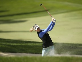 Jessica Korda follows her shot out of a bunker on the fifth fairway of the Lake Merced Golf Club during the final round of the LPGA Mediheal Championship golf tournament Sunday, April 29, 2018, in Daly City, Calif.