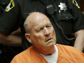 Joseph James DeAngelo, 72, who authorities suspect is the so-called Golden State Killer responsible for at least a dozen murders and 50 rapes in the 1970s and 80s, is arraigned, Friday, April 27, 2018, in Sacramento County Superior Court in Sacramento, Calif.