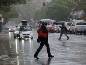 Pedestrians shield themselves from the rain with umbrellas Friday, April 6, 2018, in Santa Rosa, Calif. A fierce Northern California storm Friday shut down Yosemite National Park, threatened mudslides in wildfire-ravaged wine country and could present the first test of a partially repaired offshoot of the nation's tallest dam that nearly collapsed last year.