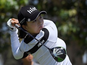 Jin Young Ko, of South Korea, tees off on the fifth hole during the second round of the HUGEL-JTBC LA Open golf tournament at Wilshire Country Club Friday, April 20, 2018, in Los Angeles.