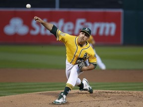 Oakland Athletics starting pitcher Daniel Mengden (33) works against the Chicago White Sox during the first inning of a baseball game Monday, April 16, 2018, in Oakland, Calif.