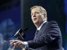 NFL commissioner Roger Goodell speaks from the stage during the first round of the NFL football draft, Thursday, April 26, 2018, in Arlington, Texas.