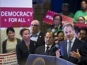 Attorney General Eric Schneiderman speaks at a press conference to announce a multi-state lawsuit to block the Trump administration from adding a question about citizenship to the 2020 Census form, in New York on April 3, 2018.