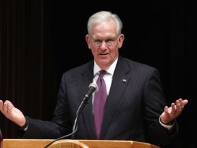 FILE - In this May 13, 2016, file photo, former Missouri Gov. Jay Nixon speaks during a news conference at the conclusion of the legislative session at the Capitol in Jefferson City, Mo. Nixon, now working as a private attorney after recently finishing 30 years in elected office, is to argue Tuesday, April 3, 2018 to the Missouri Supreme Court that the utility regulators he appointed wrongly rejected the power line proposed by Clean Line Energy Partners while relying on an incorrect lower court ruling written by a judge that Nixon also appointed.