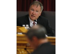 FILE - In this May 20, 2016, file photo, U.S. Rep. Doug Lamborn, R-Colo , back, questions a witness during a House Veterans Affairs subcommittee field hearing on VA hospitals and prescription drugs for veterans, in the state Capitol in Denver. The Colorado Supreme Court ruled on Monday, April 23, 2018, that the six-term congressman's name cannot appear on June's primary ballot because his re-election campaign did not collect enough valid voter signatures.