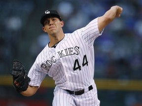 Colorado Rockies starting pitcher Tyler Anderson throws to a Chicago Cubs batter during the first inning of a baseball game Saturday, April 21, 2018, in Denver.