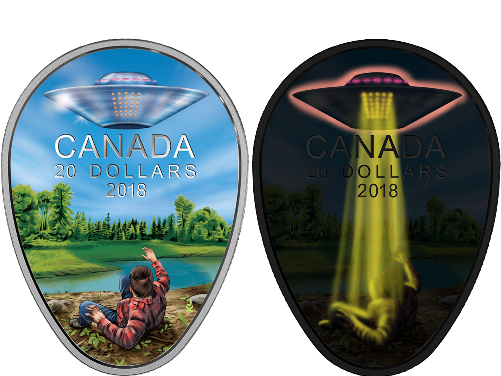 Canadian mint releases glowing oval coin depicting 1967 UFO